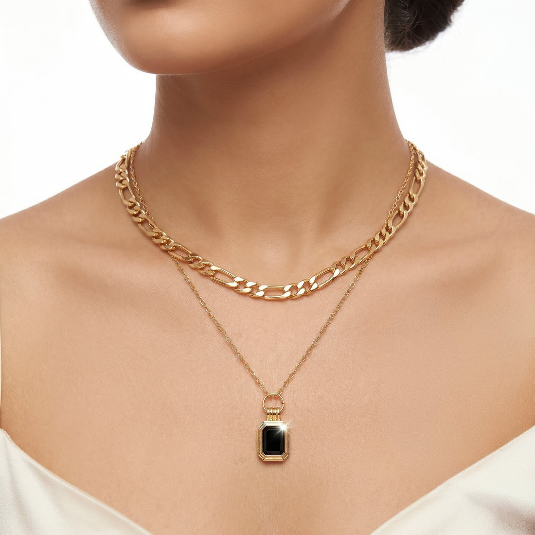 PRAO Necklace Anti-Tarnish Double Layer Figaro Curb Chain Enamel Pendant