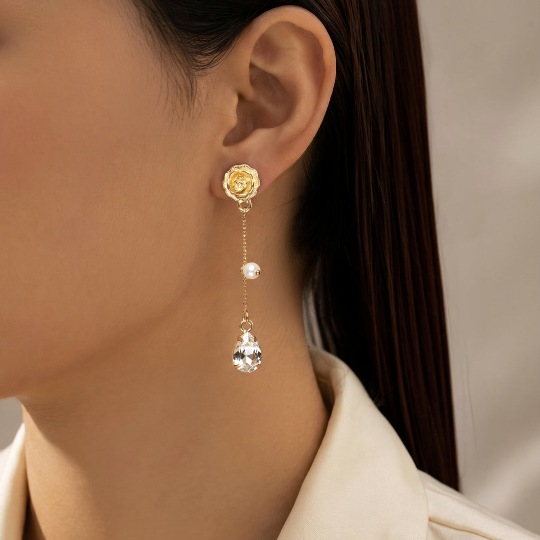 PRAO Earrings Anti-Tarnish Rose Dangles With Pearls And Teardrop Crystal