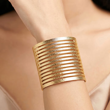 PRAO Bracelet Anti-Tarnish Wide Multi-Slat Textured Cuff (Adjustable Size)