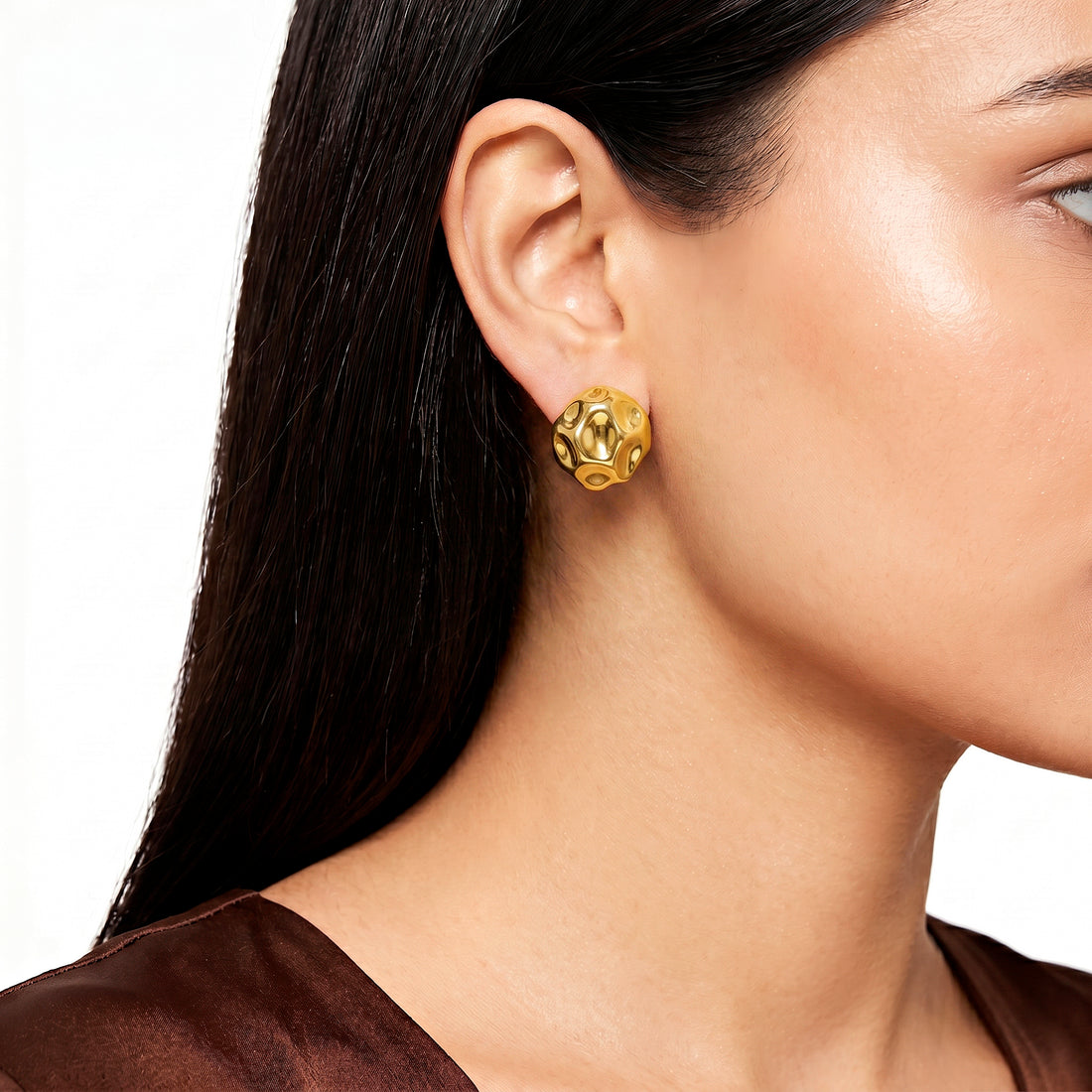 PRAO Earrings Anti-Tarnish Golden CCB Domed Hammered Studs