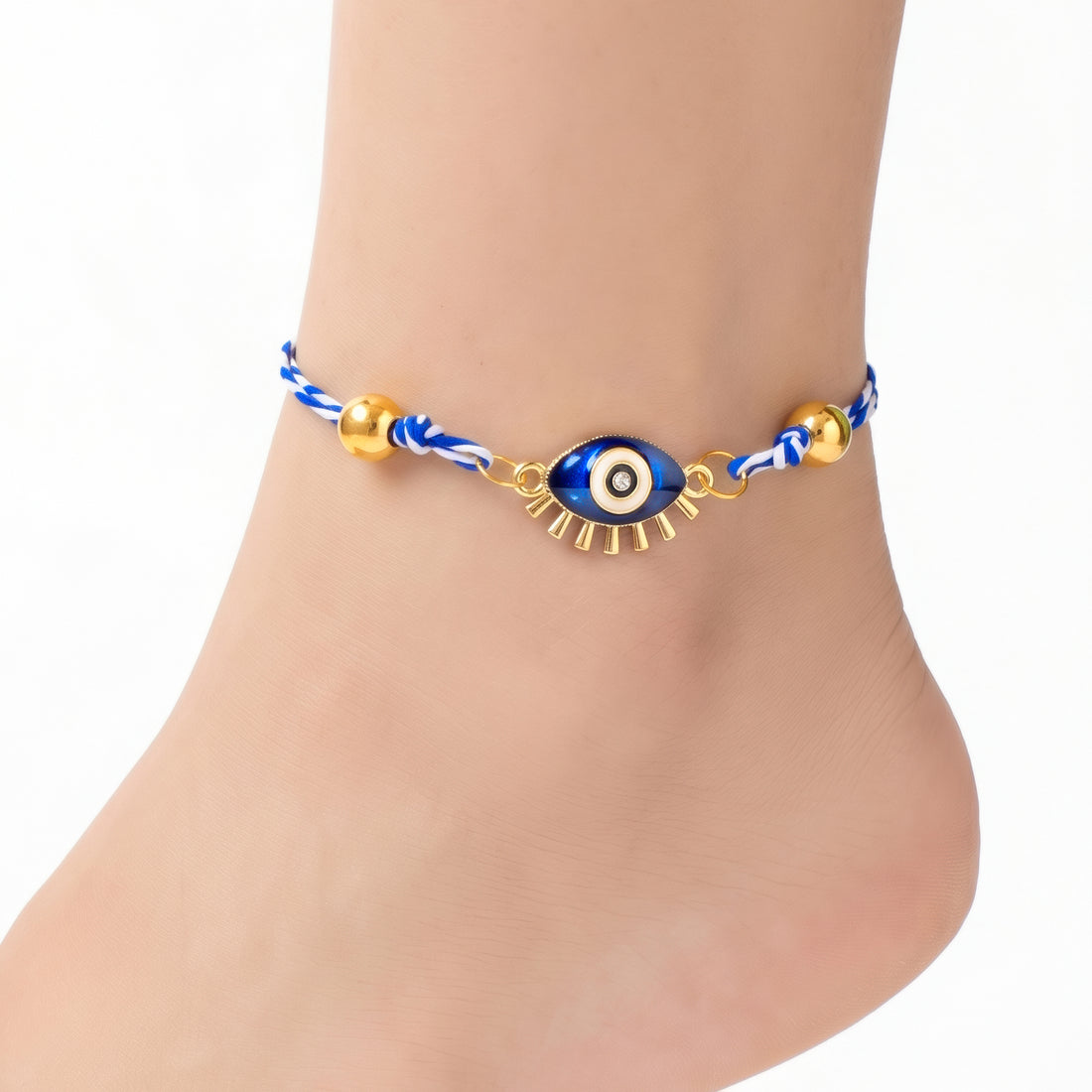 PRAO Bracelet Cum Anklet Anti-Tarnish Evil Eye Bangle With Blue And White Twisted Cords And Accent Beads (Adjustable Size)