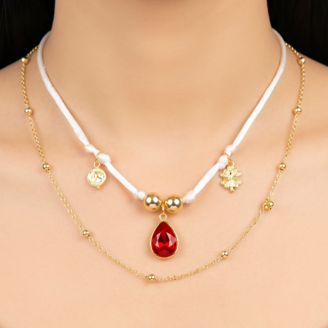 PRAO Necklace Anti-Tarnish Layered Chain With White Cord, Red Teardrop Charm, Flower Charm, And Satellite Chain
