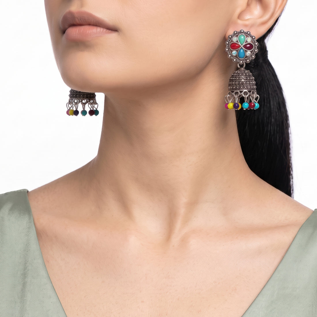 PRAO Earrings Anti-Tarnish Oxidized Jhumka Dangles With Multicolor Stones And Filigree Dome