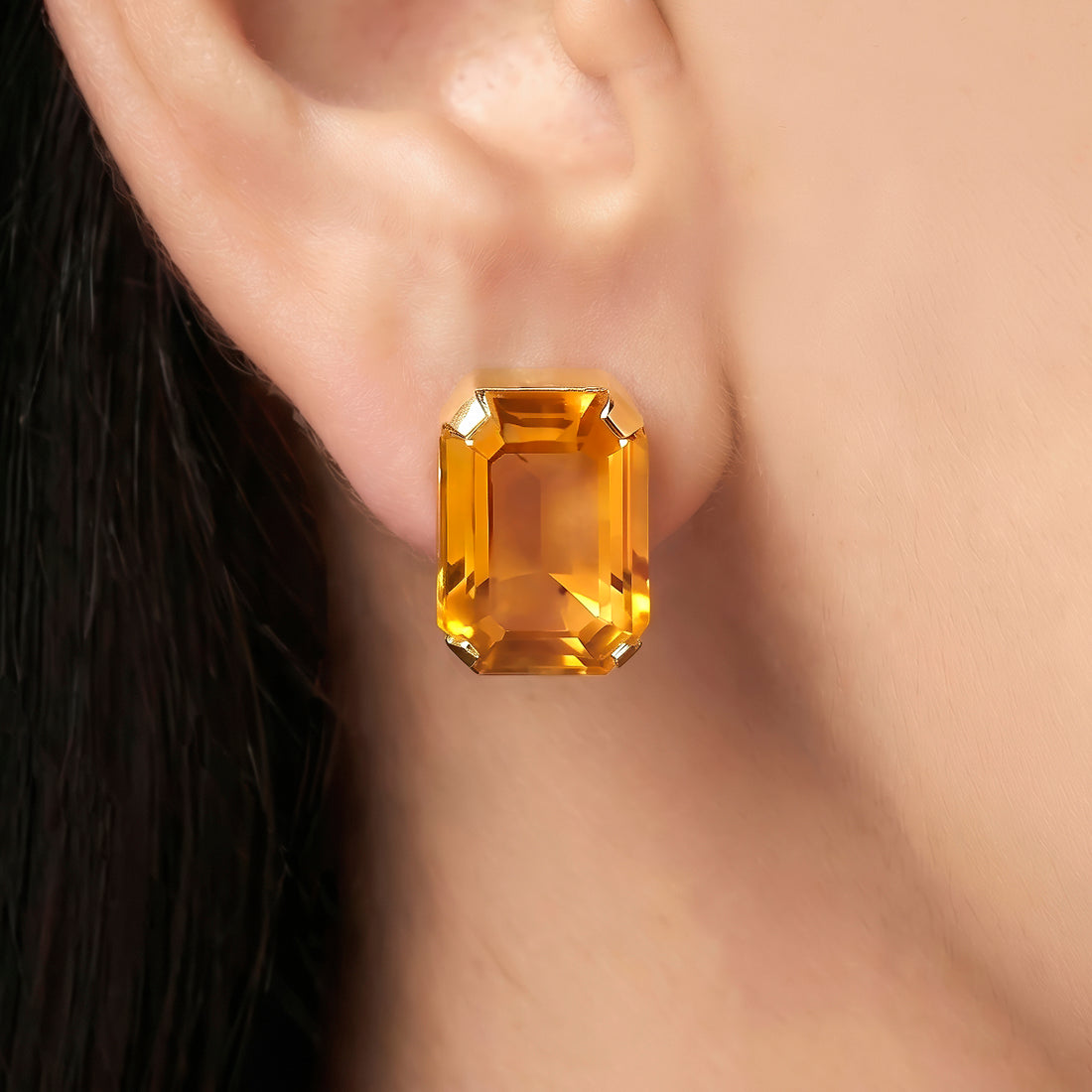 PRAO Earrings Anti-Tarnish Amber Yellow Emerald-Cut Crystal Studs