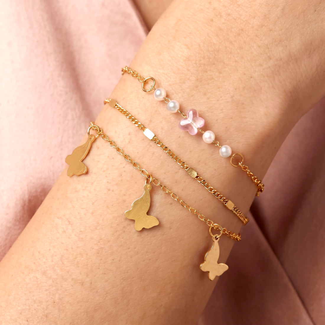 PRAO 3 Bracelet Anti-Tarnish Trio With Butterfly Charms And Lilac Beads (Adjustable Size)
