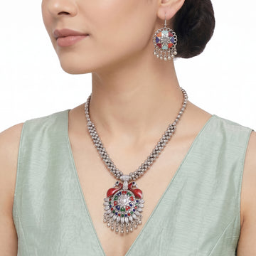 PRAO Necklace Anti-Tarnish Peacock Pendant Beaded Set With Earrings