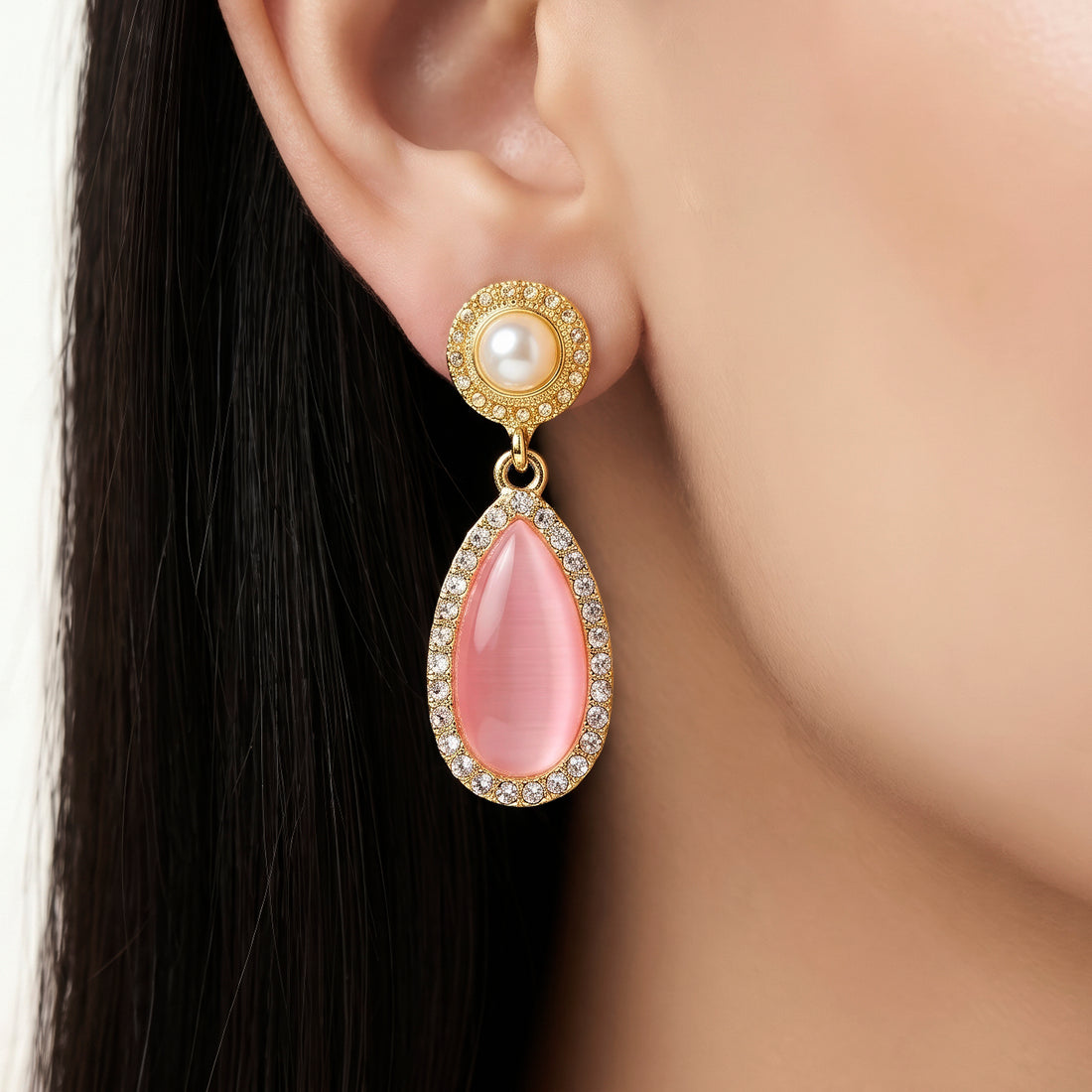 PRAO Earrings Anti-Tarnish Elegant Drop With Pink Cat-Eye Stones And Faux Pearl Accents