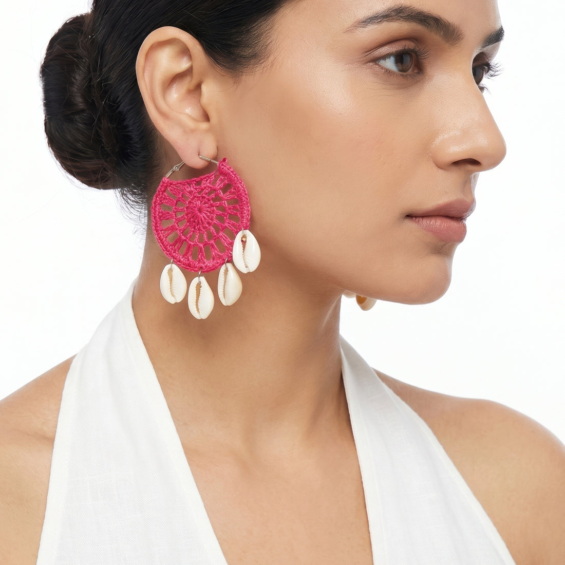 PRAO Earrings Anti-Tarnish Hot Pink Crochet Hoops With Cowrie Shells