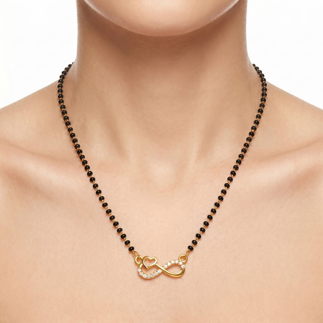 PRAO Necklace Anti-Tarnish Black Beaded Infinity Heart Crystal Mangalsutra Chain