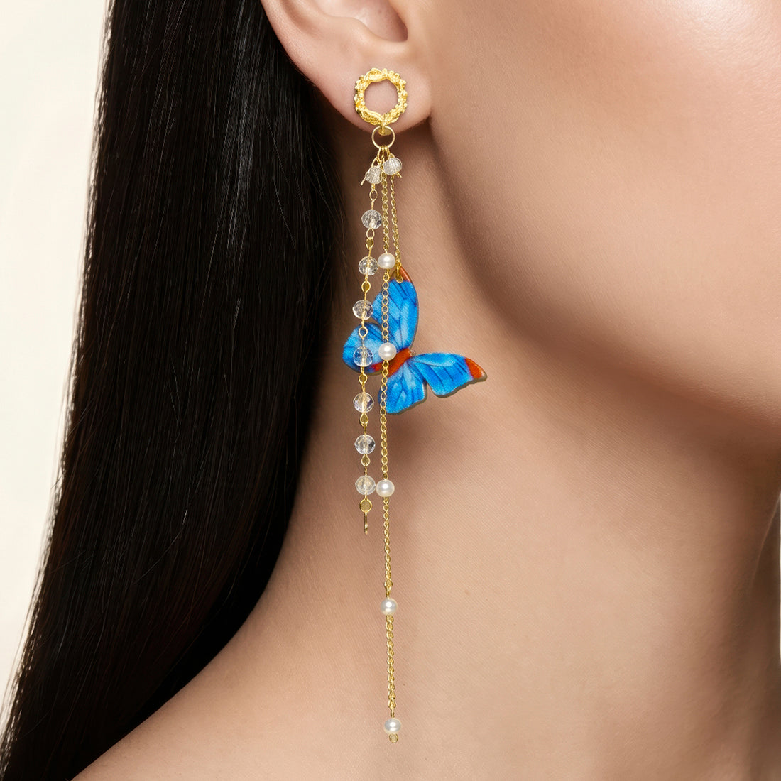 PRAO Earrings Anti-Tarnish Long Dangles With Blue Butterfly Charms And Pearl Beads