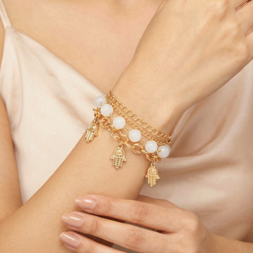 PRAO Bracelet Anti-Tarnish White Bead Hamsa Charm (Adjustable Size)