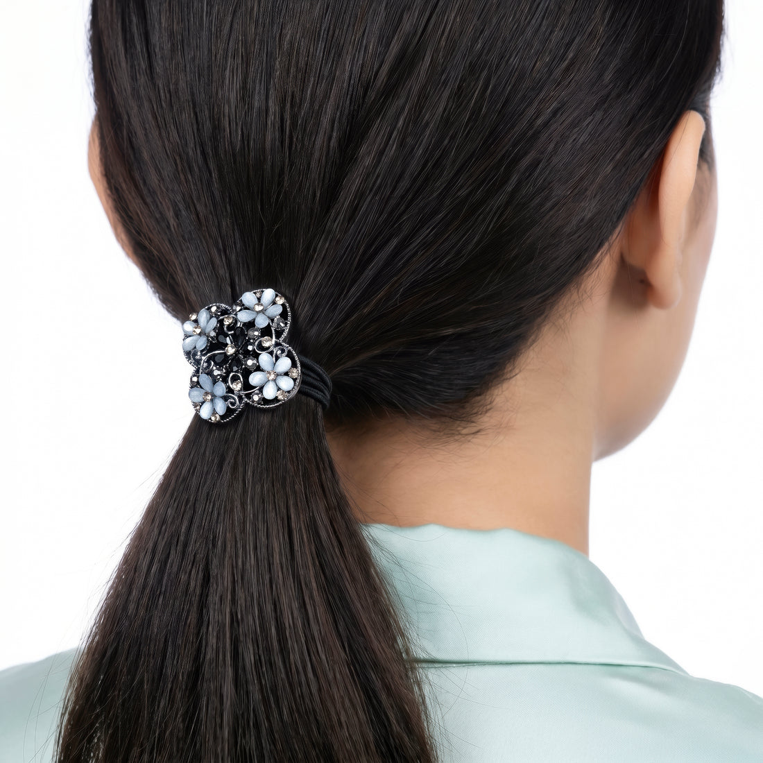 PRAO Hair Tie Ornate Floral Blue Grey Rhinestone Flower Charm Black Elastic