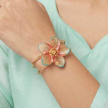 PRAO Bracelet Anti-Tarnish Plumeria Pink Teal Flower (Adjustable Size)