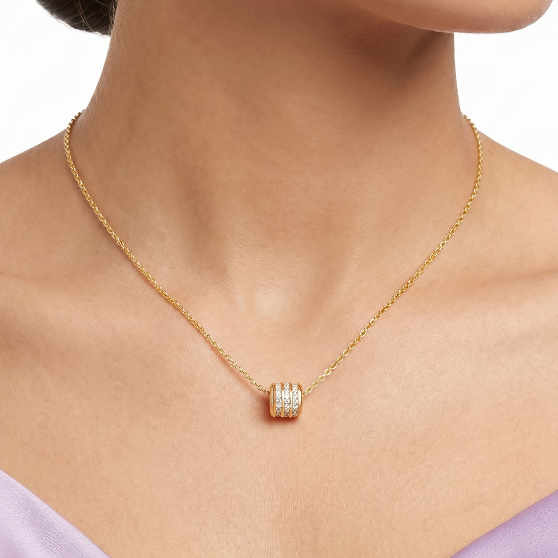 PRAO Necklace Anti-Tarnish Barrel Pendant With Pavé Crystal Rows