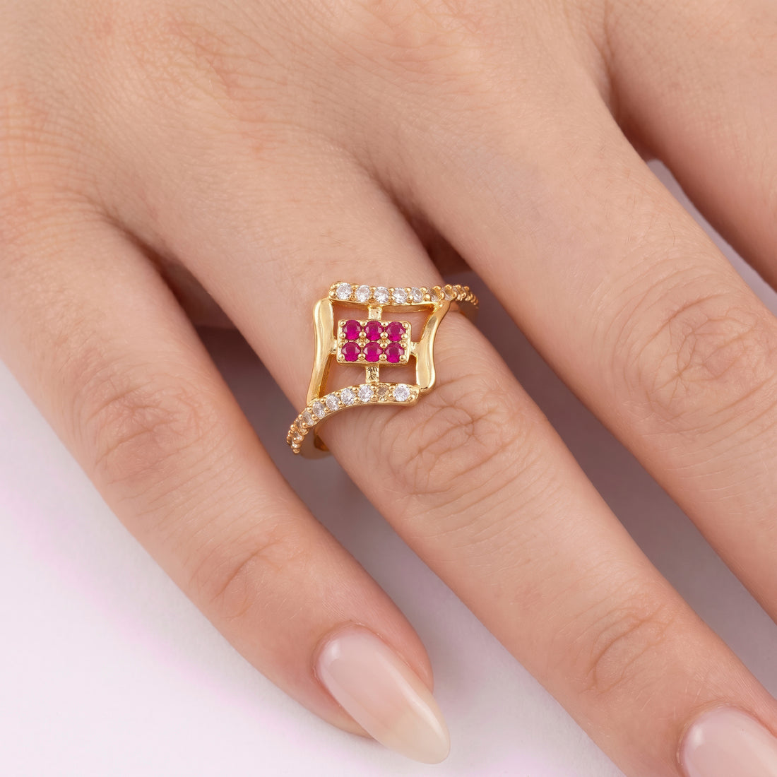 PRAO Ring Anti-Tarnish Geometric Pink Crystal (Adjustable Size)