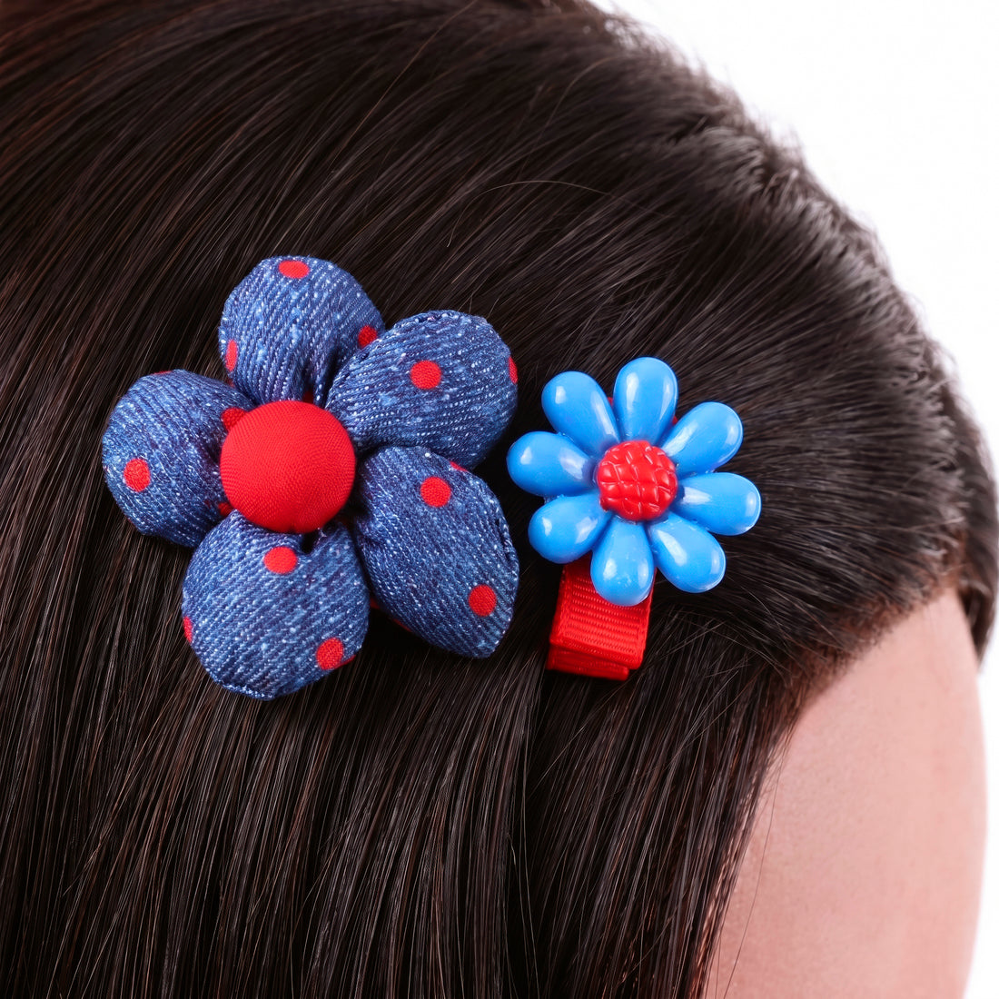 PRAO 2 Hair Clip Anti-Tarnish Blue Flower Pair Plastic Fabric Red Polka Dot