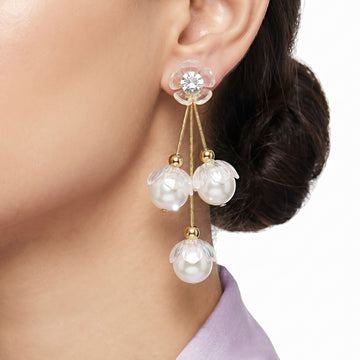 PRAO Earrings Anti-Tarnish Crystal Blossom Drop With Iridescent Pearls