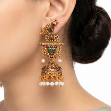PRAO Earrings Anti-Tarnish Parrot & Floral Stone Jhumka
