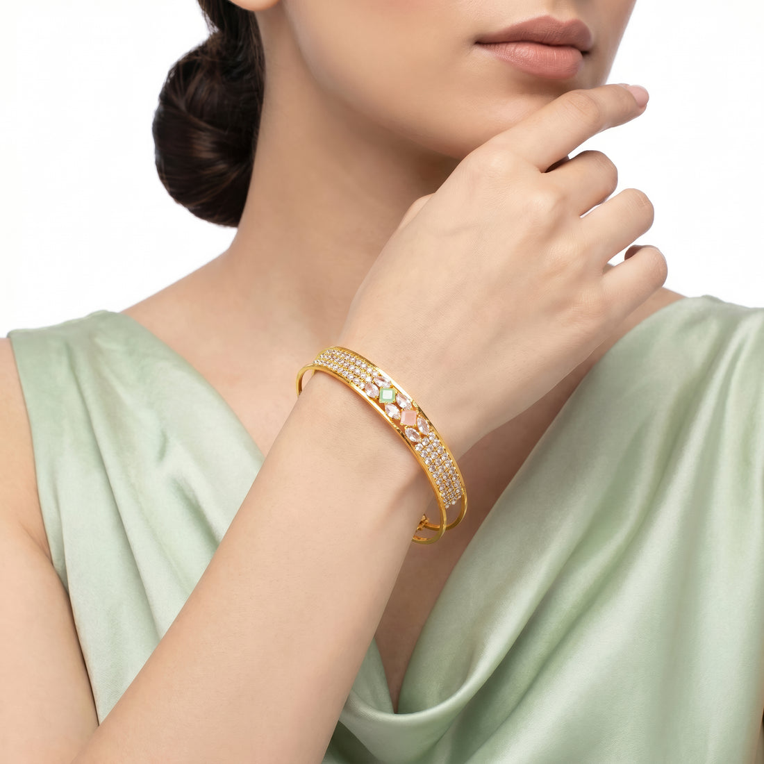PRAO Bracelet Anti-Tarnish Double-Band Crystal & Gemstone Bangle (Adjustable Size)