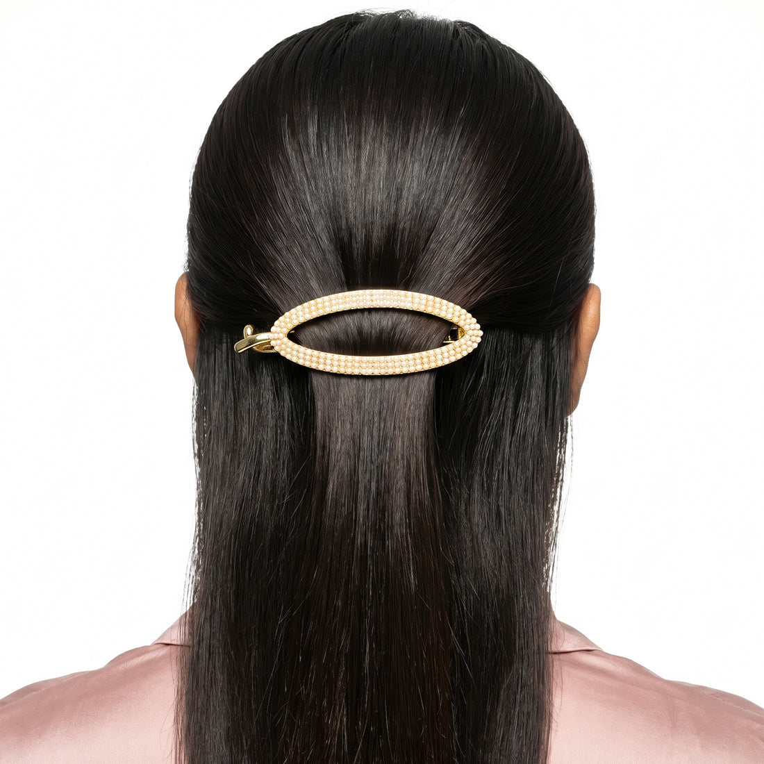 Prao Hair Claw Clip Anti-Tarnish Oval Barrette Adorned With White Faux Pearls