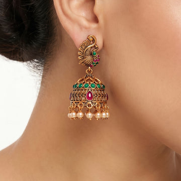 PRAO Earrings Anti-Tarnish Peacock Motif Jhumka With Ruby Green Stones