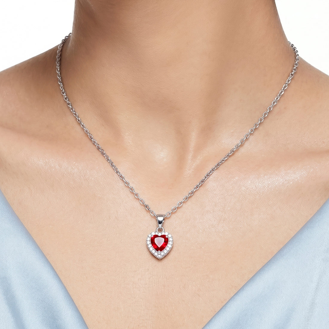 PRAO Necklace Anti-Tarnish Ruby Red Heart Stone Pendant