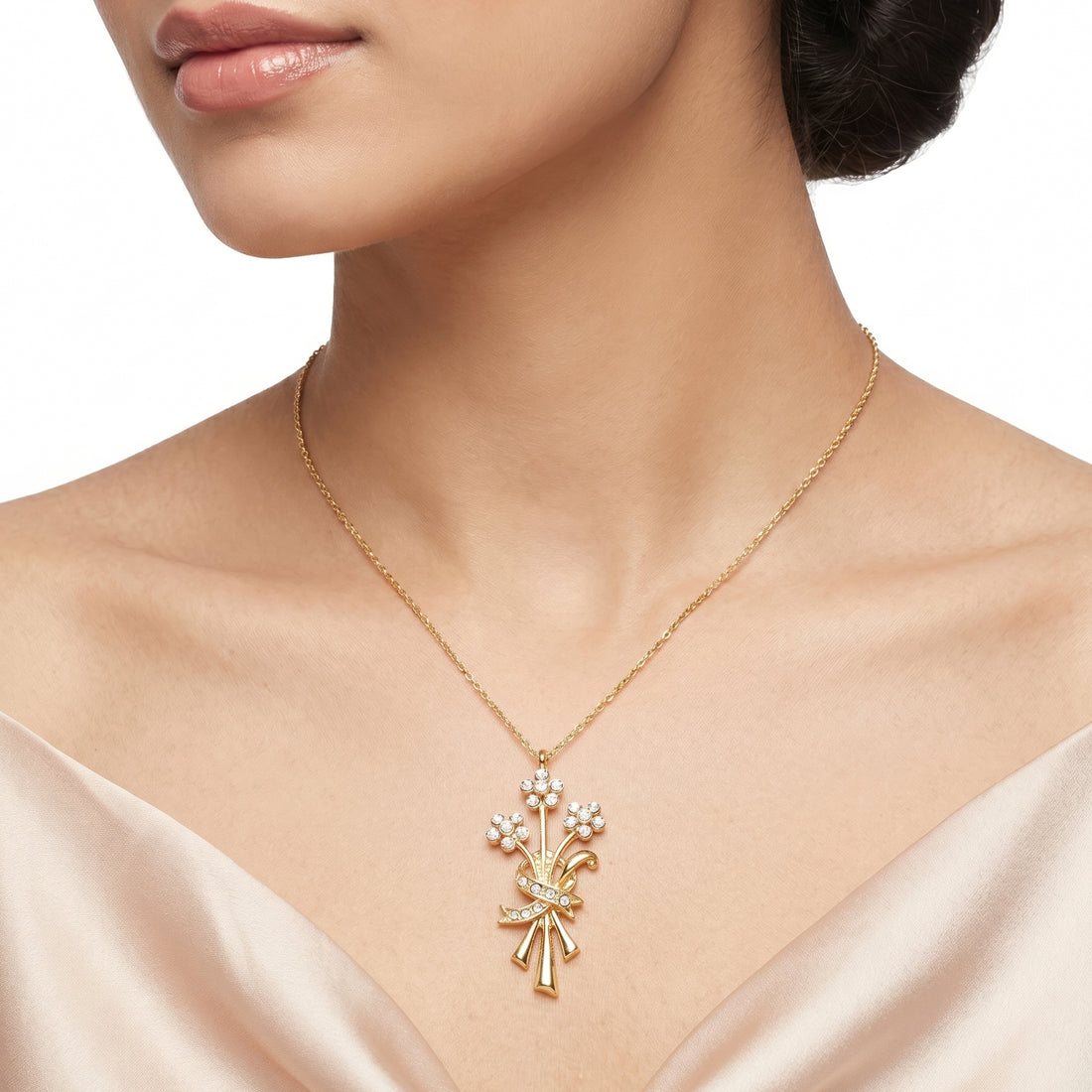 PRAO Necklace Anti-Tarnish Floral Crystal Bouquet Pendant
