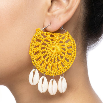 PRAO Earrings Anti-Tarnish Yellow Crochet Hoops With Cowrie Shells