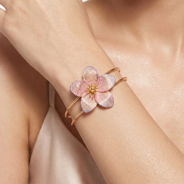PRAO Bracelet Anti-Tarnish Plumeria Flower With Pink Accents (Adjustable Size)