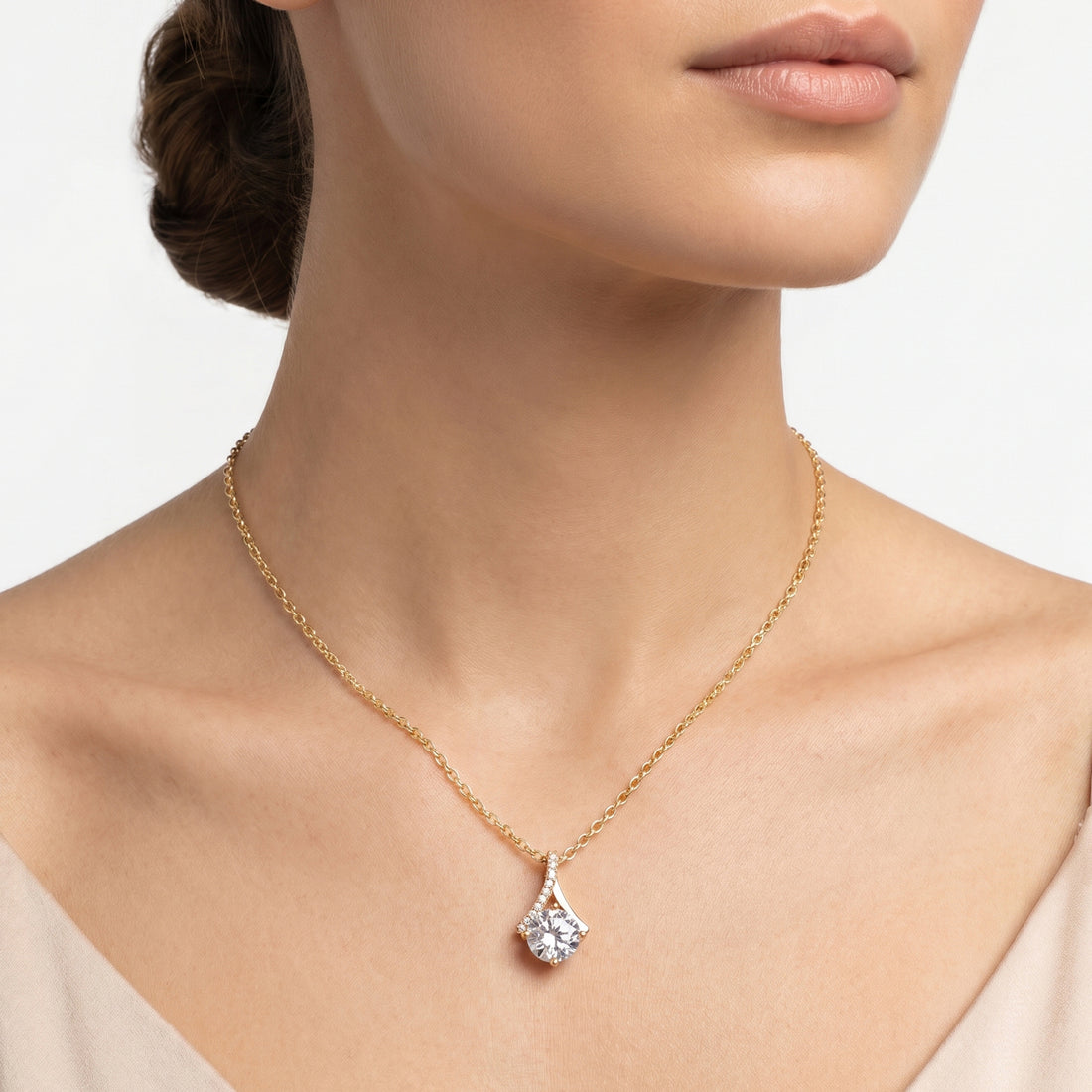 PRAO Necklace Anti-Tarnish Gold Solitaire Crystal Pendant
