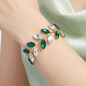 PRAO Bracelet Anti-Tarnish Emerald Crystal Leafy Cuff (Adjustable Size)