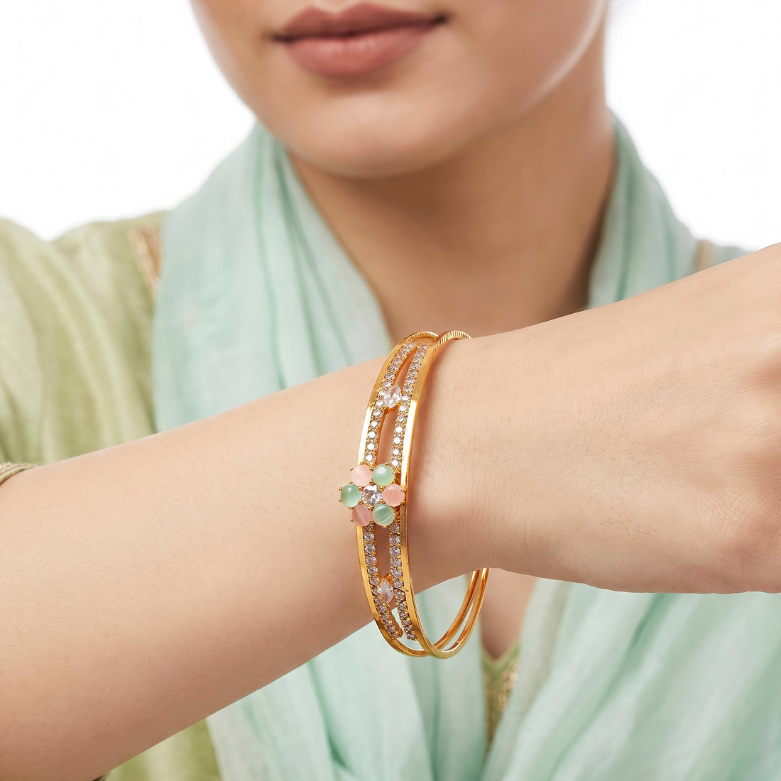 PRAO Bracelet Anti-Tarnish Open-Frame Crystal Bridge Floral Bangle (Adjustable Size)