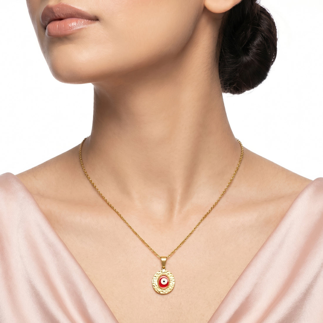 PRAO Necklace Anti-Tarnish Hammered Red Evil Eye