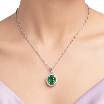 PRAO Necklace Anti-Tarnish Oval Emerald Crystal Halo Pendant