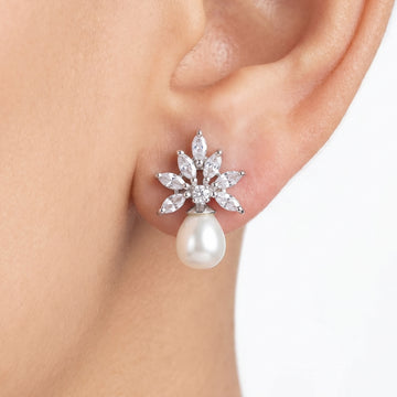 PRAO Earrings Anti-Tarnish Pearl Drop With Marquise Crystal Top