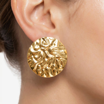 PRAO Earrings Anti-Tarnish Hammered Coin Gold-Plated Statement