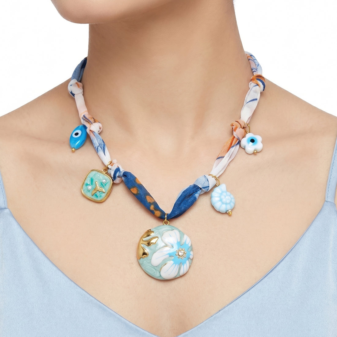 PRAO Necklace Anti-Tarnish Deep Blue Fabric Evil Eye Flower