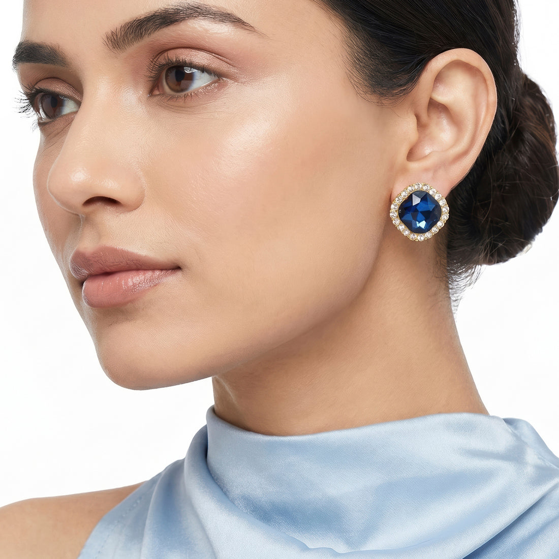 PRAO Earrings Anti-Tarnish Sapphire Cushion Crystal Halo Studs
