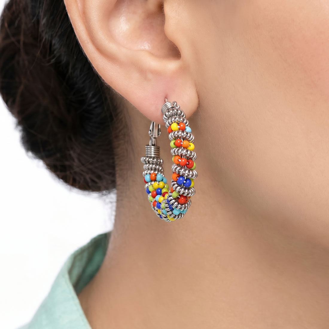 PRAO Earrings Anti-Tarnish Rainbow Seed Bead Hoops