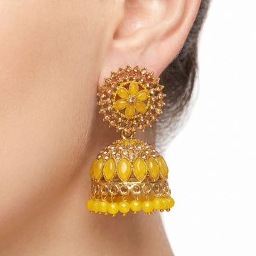 PRAO Earrings Anti-Tarnish Ornate Yellow Stone Jhumka