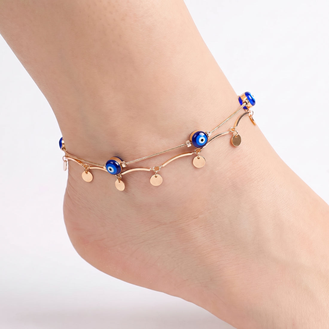 PRAO Anklet Anti-Tarnish Evil Eye With Coin Charms And Blue Evil Eye Beads