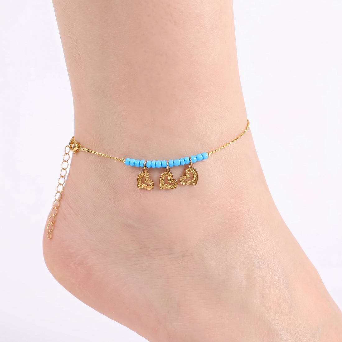 PRAO Anklet Anti-Tarnish Turquoise Blue Beads And Three Intricate Heart-Shaped Charms