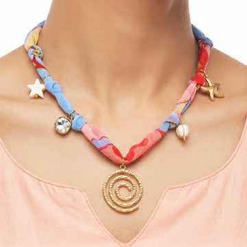 PRAO Necklace Anti-Tarnish Coral Blue Fabric Ocean Spiral