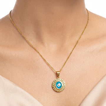 PRAO Necklace Anti-Tarnish Hammered Turquoise Evil Eye