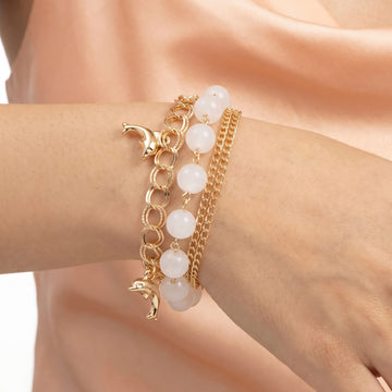 PRAO Bracelet Anti-Tarnish Lustrous White Beads & Dolphin Charm Accents (Adjustable Size)
