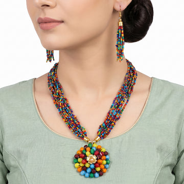 PRAO Necklace Anti-Tarnish Floral Pendant Beaded Set With Earrings
