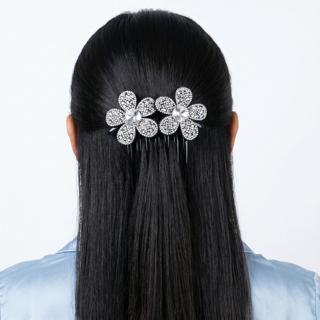 PRAO Hair Comb Anti-Tarnish Flower-Shaped With Rhinestones & Crystal Centers