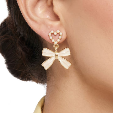 PRAO Earrings Anti-Tarnish Pearl Heart And Enamel Bow Drop