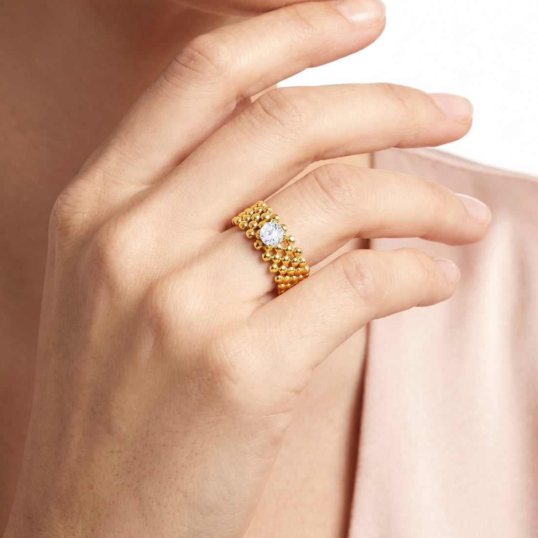 PRAO Ring Anti-Tarnish Beaded Texture Solitaire Crystal (Adjustable Size)
