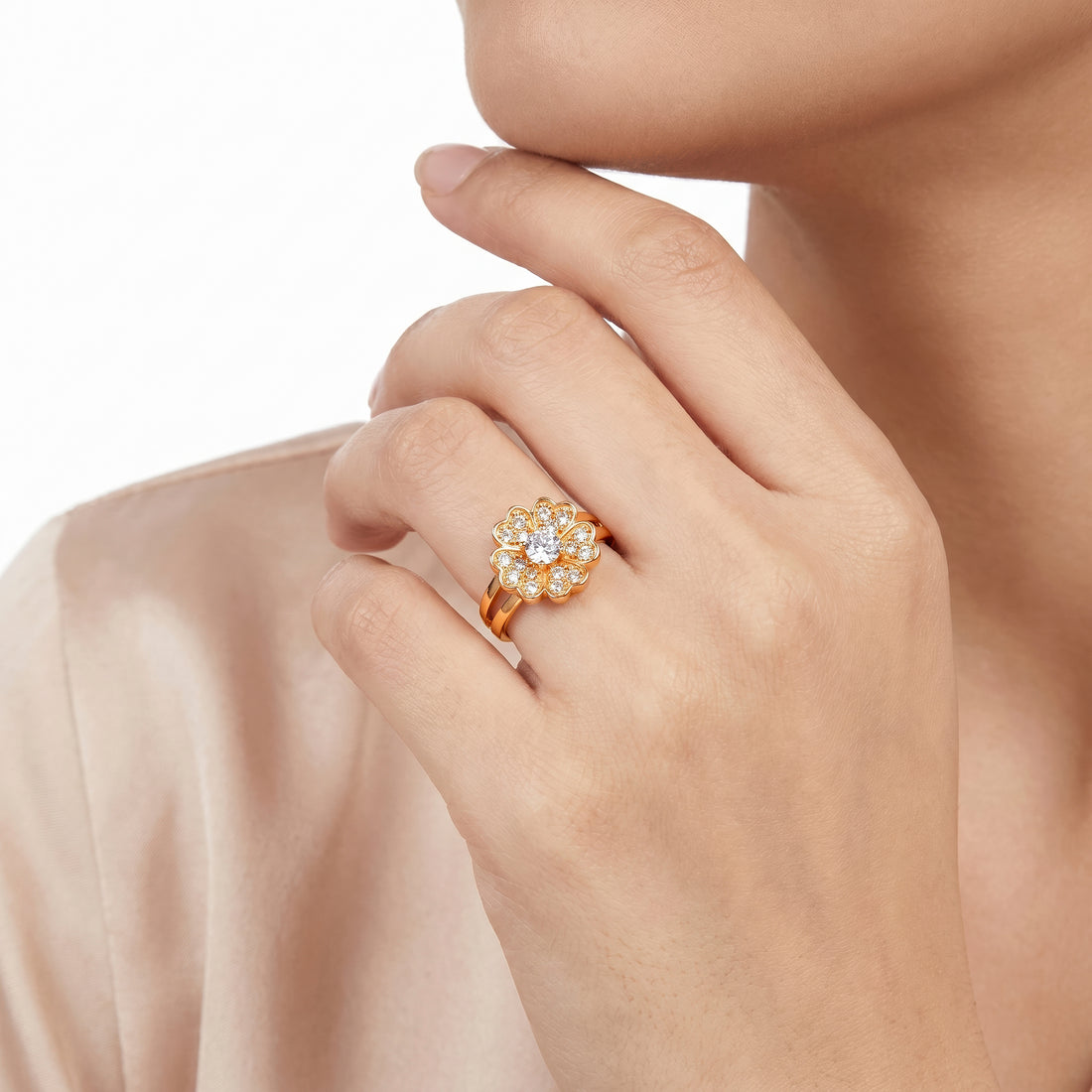 PRAO Ring Anti-Tarnish Crystal Heart Petal Flower (Adjustable Size)
